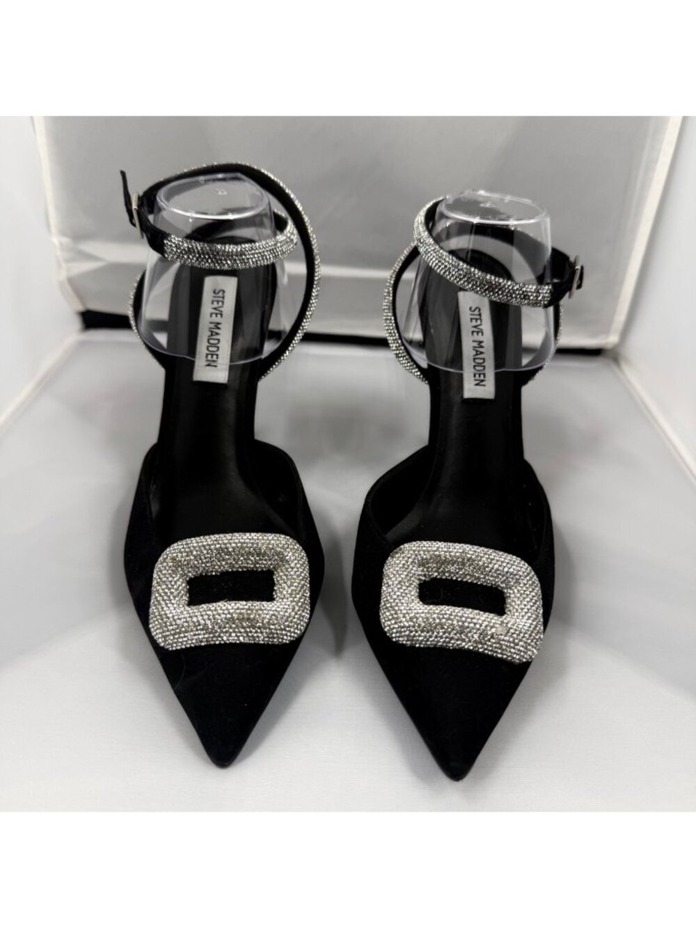 NWOT, Steve Madden Vienna Black Suede Rhinestone Buckle Strap Stiletto Heels 8M